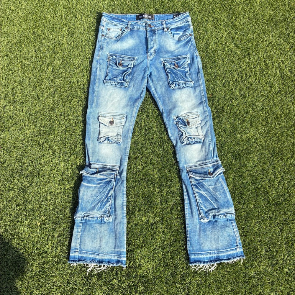 Valabasas Mens 35x34 Light Wash Blue Stacked Pocket Cargo Jeans Denim Flare Y2K